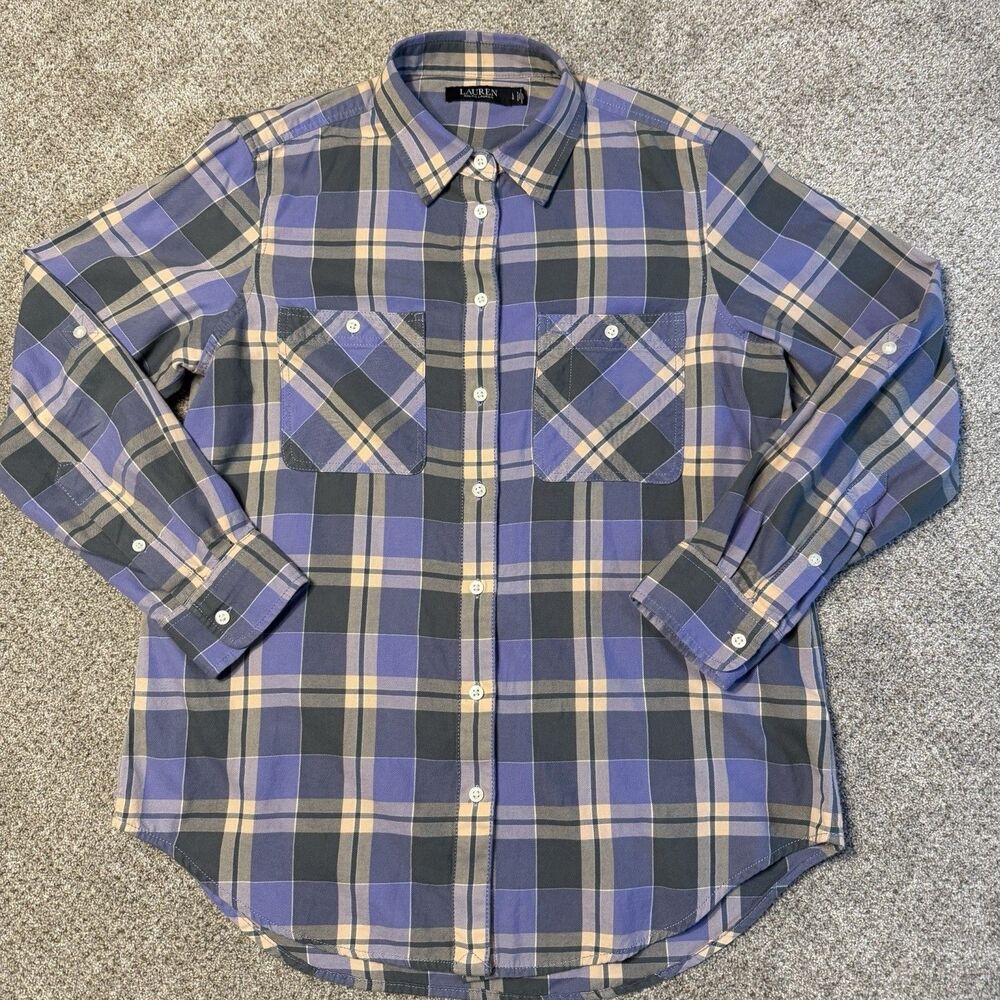 Lauren Ralph Lauren Shirt Large Purple Plaid Black Label Twill Long Sleeve